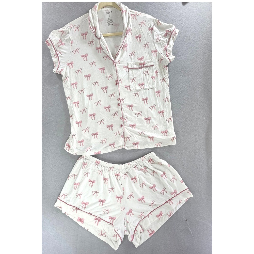 Kyte Baby Coquette Pajama Set Small Bamboo Pink Bow Print Loungewear White